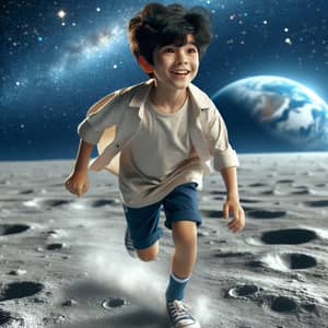 Young South Asian Boy Running on the Moon | Enchanting Scene