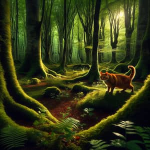 Enchanting Forest Scene with Cat in Amber Light