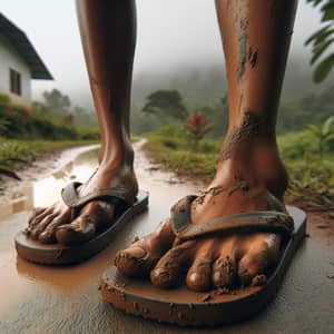 South Asian Woman in Muddy Flip-Flops on Wet Pathway