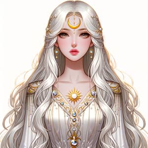 Elegant White Dress with Golden Moon and Comet Symbol