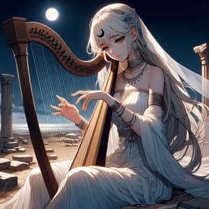 Anime Style White-Haired Woman Playing Harp in Serene Greek Setting