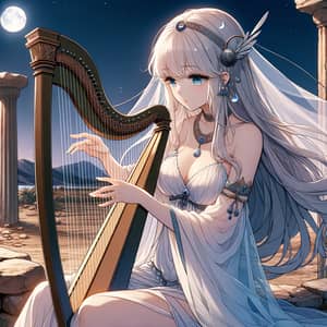 Anime Style White-Haired Woman Playing Harp in Ancient Ruins