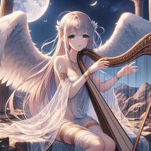 Anime Style Woman Playing Harp Under Full Moon | Elegant Ethereal Scene
