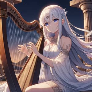 Anime Woman Playing Harp in Ancient Ruins at Night