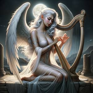 Serenity: South Asian Woman Playing Harp with Crescent Moon Symbol