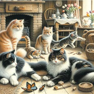 Charming and Playful Cats: A Quaint Folklore Scene
