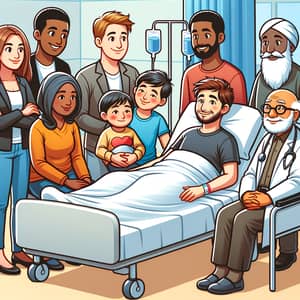 Hospital Room Illustration: Diverse Group Providing Support