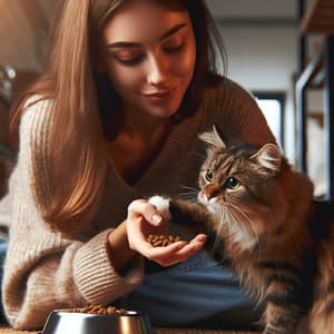 Caring Young Woman Feeding and Petting Cat | Heartwarming Moment