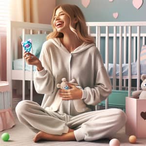 Colorful Nursery Scene with Woman in Onesie and Pacifier