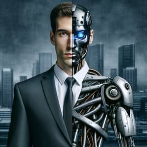 Cyborg Lawyer: Human-Suit Integration in Futuristic Cityscape