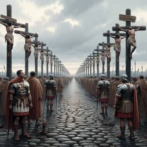 Roman Soldiers Gaze at Crucified Bodies on Appian Way
