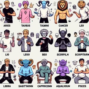 Zodiac Signs Meme Characters: Aries, Taurus, Gemini, Cancer, Leo, Virgo, Libra, Scorpio, Sagittarius, Capricorn, Aquarius, Pisces
