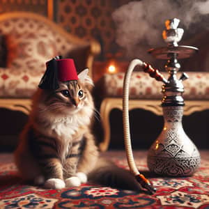 Fluffy Tabby Cat in Fez Hat on Oriental Carpet with Decorative Hookah