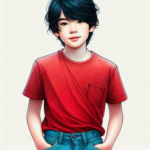 East Asian Boy Illustration with Black Hair, Denim Shorts & Red T-Shirt