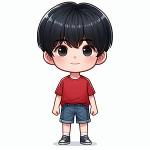 Detailed Illustration of Chinese Boy | 12-Year-Old in Blue Denim Shorts