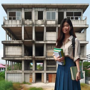 Asian Woman Teacher at Unpainted Building in Philippines