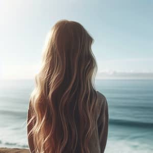 12-Year-Old Girl with Long Blonde Hair Watching Ocean Horizon