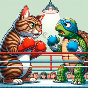 Comical Tabby Cat vs. Green Turtle Boxing Match Illustration