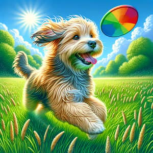 Playful Dog with Shaggy Golden Fur in Lush Field