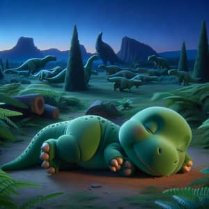 Sleeping Green T-Rex in Prehistoric Landscape - Mesmerizing Scene
