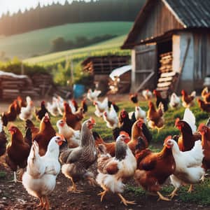Free-Roaming Chickens Pecking for Food in Rural Setting