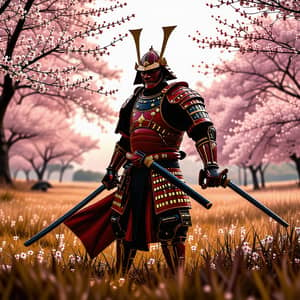 Realistic Samurai Warrior in Red Armor with Gold Inlays