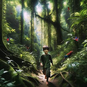 Young South Asian Boy Navigating Dense Tropical Jungle