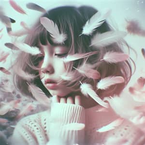 Dreamy Portrait of Girl Surrounded by Floating Feathers