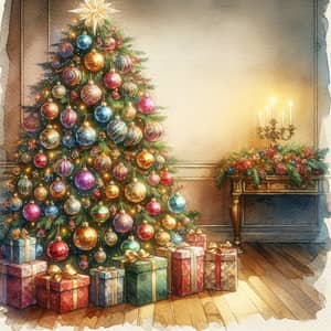 Vibrant Christmas Tree Watercolor Postcard | 19th Century Style
