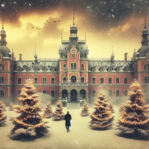 Enchanting Snowy Fairytale: Historic Red Building Amidst Christmas Trees