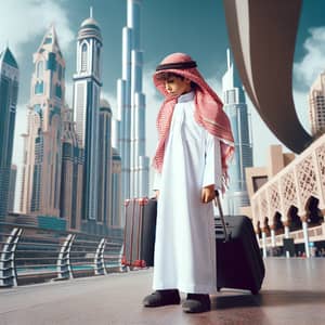 Middle-Eastern Young Boy in Traditional Saudi Clothing Departs from Iconic Dubai Scene