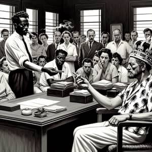 Office Director with Cigar and Pistol Seated Among Diverse Individuals