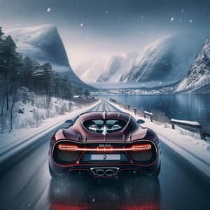 Luxury Maroon Sports Car Speeding Through Norwegian Winter Wonderland