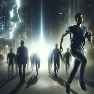 Determined Man Running Through Dark City towards Light