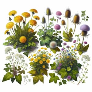 Diverse Garden Weeds: Yellow Dandelions, Green Ivy, Purple Thistles