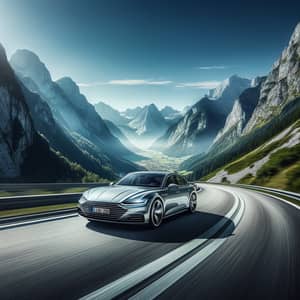 Sleek Silver Car Speeding through Mountain Scenery