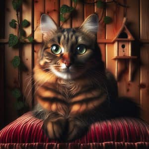 Tabby Cat Portrait on Red Velvet Cushion | Green Eyes
