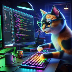 Anthropomorphic Cat Coder at Modern Desk | Coding Illustration