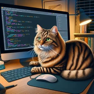 Adult Medium-Haired Cat Coding Scene | Coding Cat Illustration