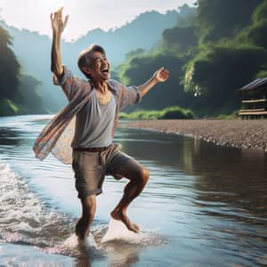 Middle-Aged Asian Man Dancing in Shallow River