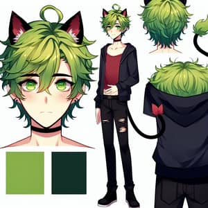 Green-Eyed Anime Boy with Kiwi Hair, Cat Ears, and Devil Tail