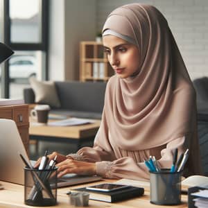 Dedicated Middle-Eastern Muslim Woman Working in Modern Office