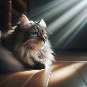 Fluffy Domestic Cat Sitting in Sunlight on Wooden Floor