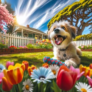Lively Dog Playing in Colorful Garden