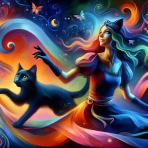 Whimsical Transformation: Woman to Mischievous Cat in Vibrant Colors