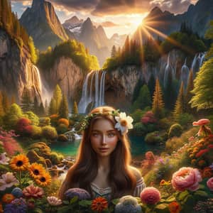 Enchanting Nature Scene with Waterfall, Mountains, Flowers, and Young Girl