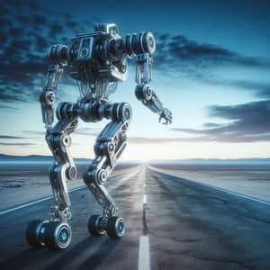 Advanced Silver Robot Walking on Deserted Road - Post-Apocalyptic Future