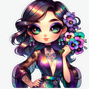 Iridescent Chibi Chinese Girl Sticker Portrait with Pansies Bouquet