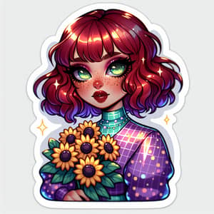 Iridescent Chibi Girl Sticker in Purple and Teal Turtleneck with Sunflowers