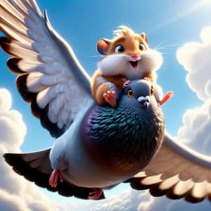 Exciting Hamster Riding Pigeon Pixar Style
